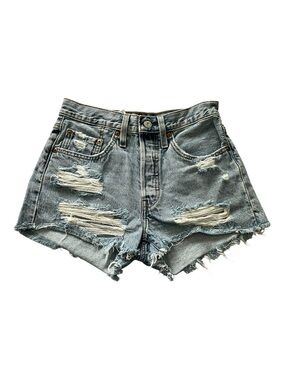 High-Rise Distressed Denim Shorts - Light Blue